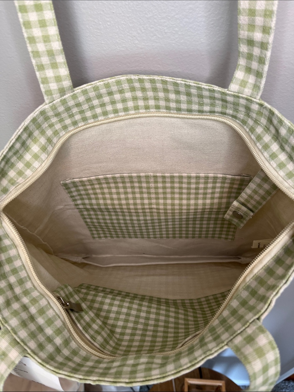 NWT Sun Freckled Studio Green Gingham Checkered Bag - Picture 7 of 13